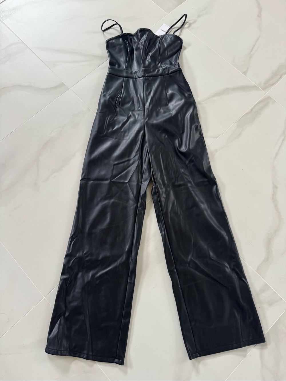 Forever 21 Black Faux Leather Wide-Leg Jumpsuit with Spaghetti Straps